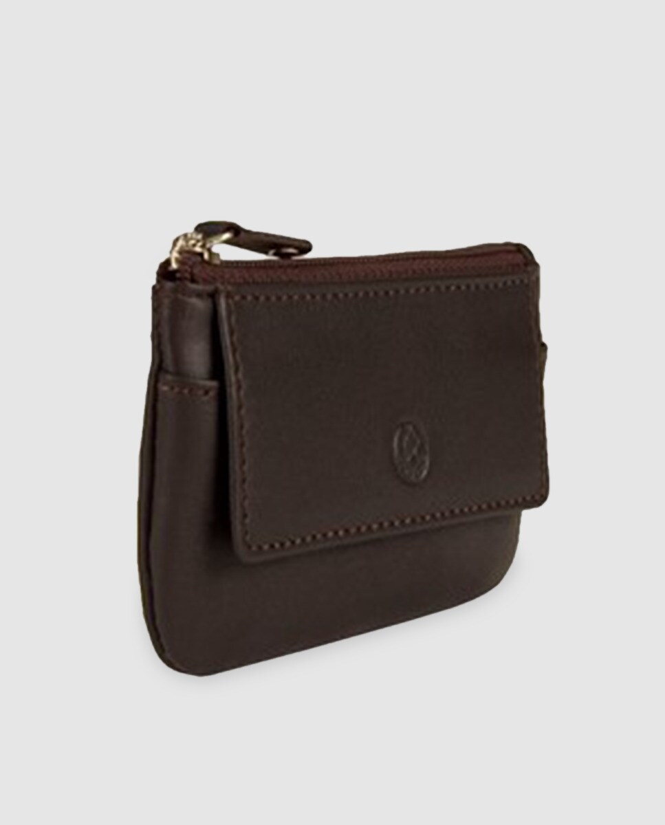 Porta-moedas de pele castanho com chaveiro Castanho-2