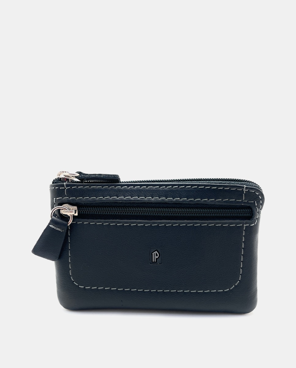 Porta-Moedas de Dois Fechos de Correr em Pele - Preto Preto-1