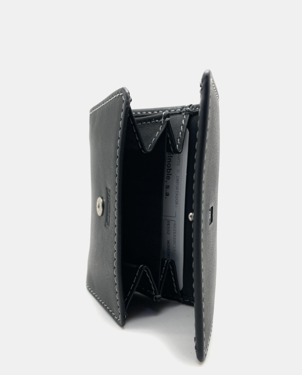 Porta-Moedas de Dois Foles e em Pele - Preto Preto-2