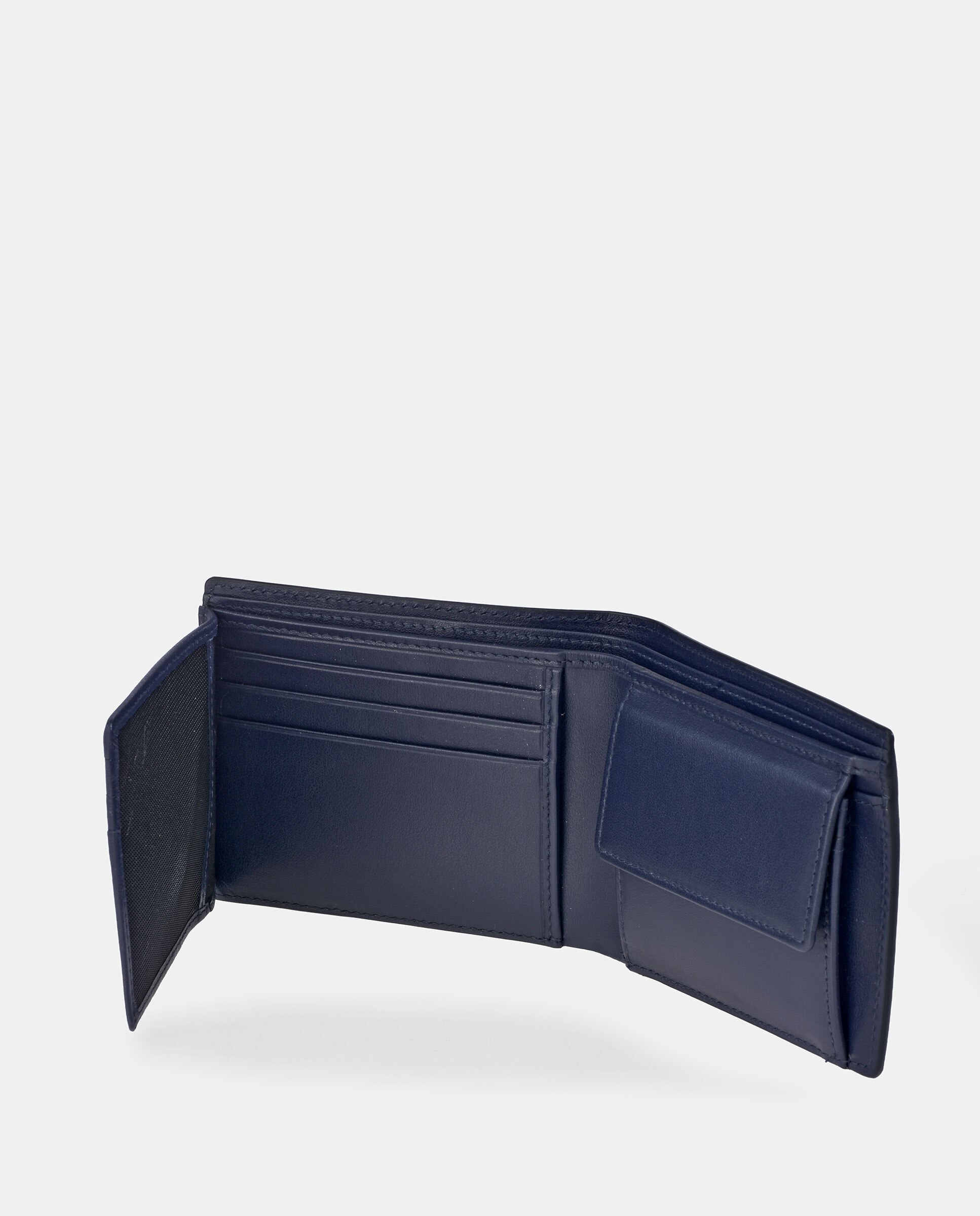 Carteira Tipo Americano em Pele com Aba e Porta-Moedas Interior - Preto Azul-marinho-3