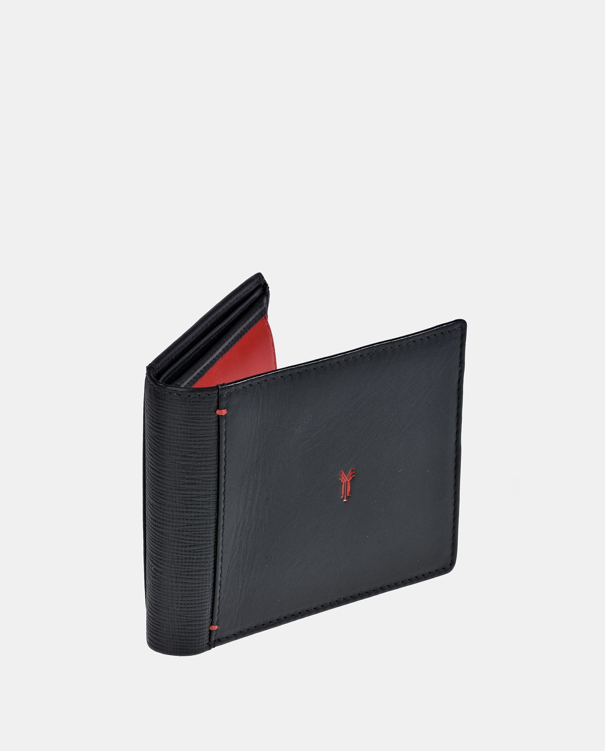 Carteira Tipo Americano em Pele com Aba e Porta-Moedas Interior - Preto/Vermelho Preto-2