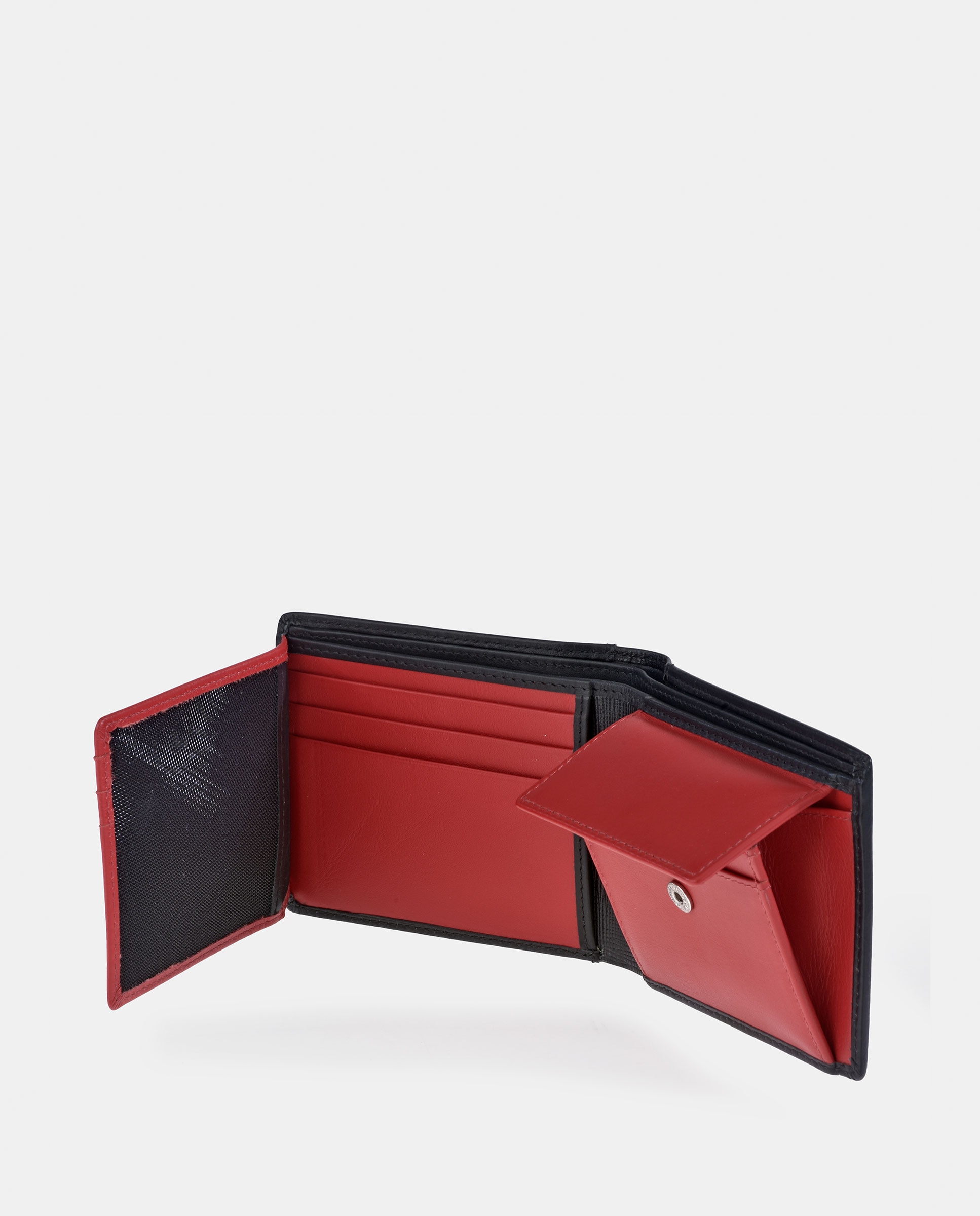 Carteira Tipo Americano em Pele com Aba e Porta-Moedas Interior - Preto/Vermelho Preto-3