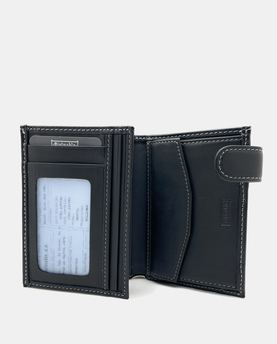 Carteira com Porta-Moedas Interior, Lingueta Exterior e em Pele - Preto Preto-2