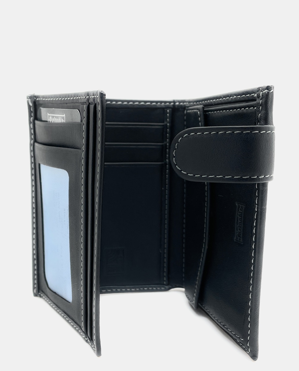 Carteira com Porta-Moedas Interior, Lingueta Exterior e em Pele - Preto Preto-3