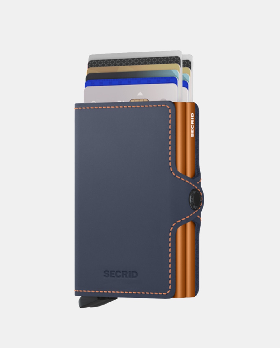 Porta-Cartões Duplo em Pele Mate com Proteção RFID - Azul-Marinho/Laranja Multicolor-2