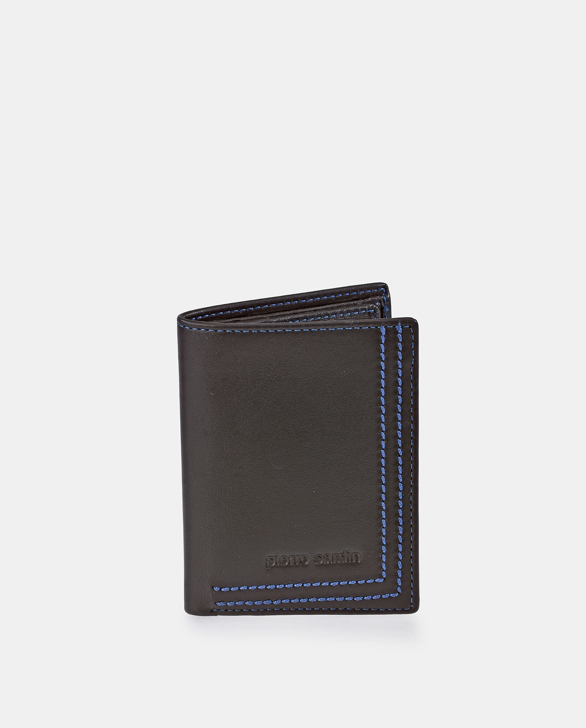 Cartera tarjetero hombre en piel color negro y costuras azules - Pierre Cardin - Negro Negro-1