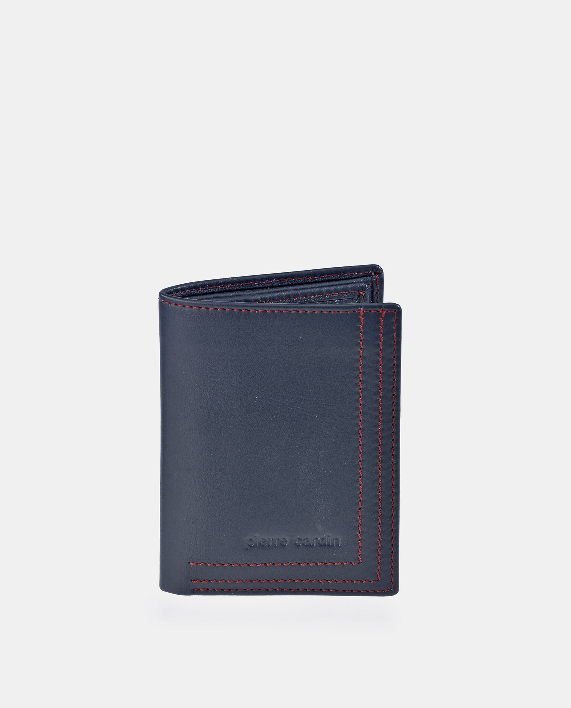 Cartera tarjetero hombre en piel color negro y costuras azules - Pierre Cardin - Azul marino Azul marino-1