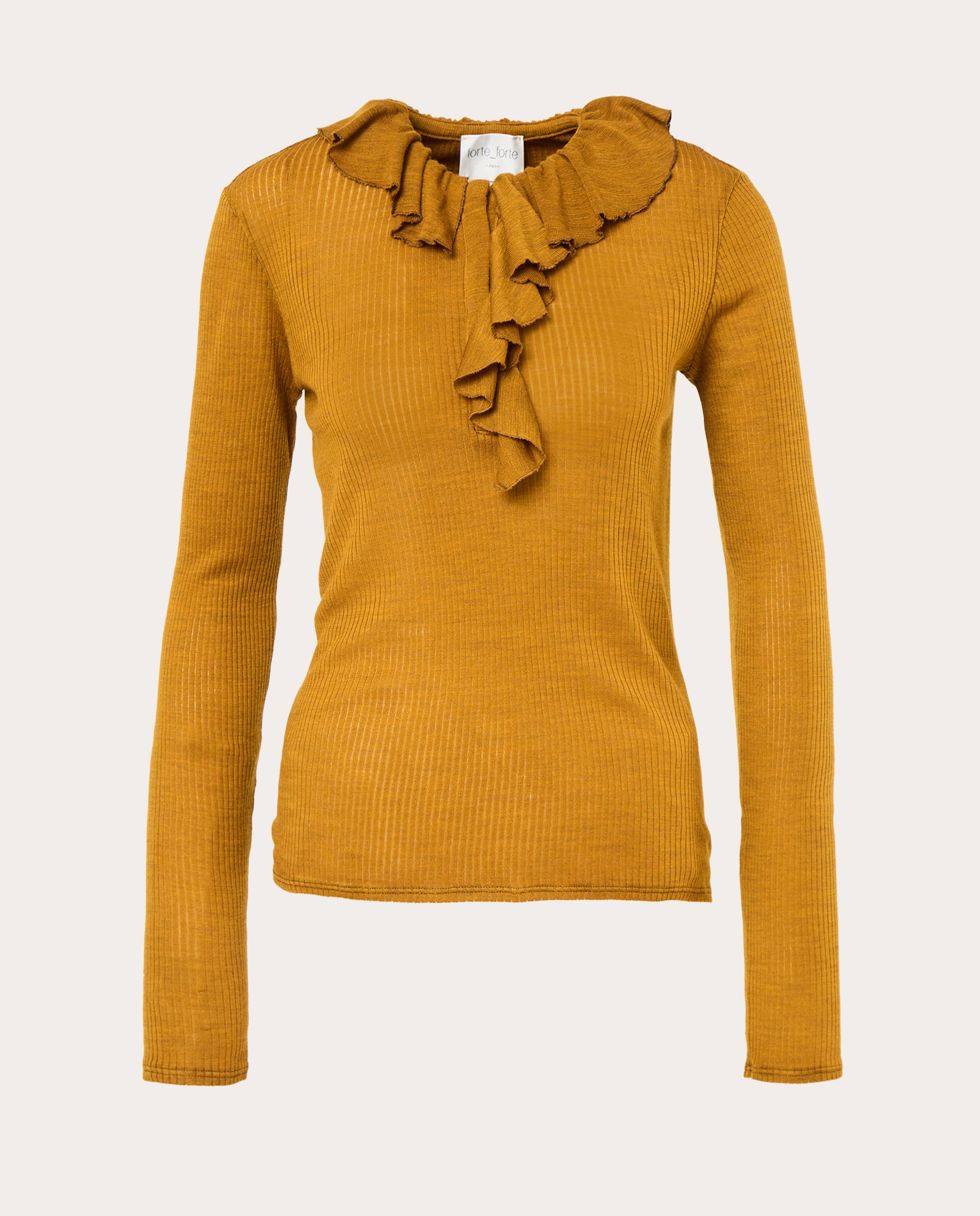 Imagen 1 de Jersey de cuello henley con canalé fino y volante Oro