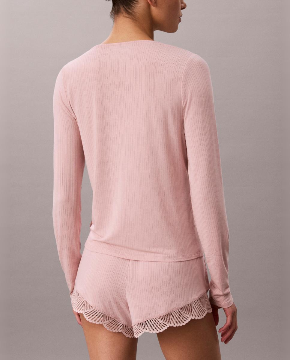 Camisola de Manga Comprida Canelada Rosa-4