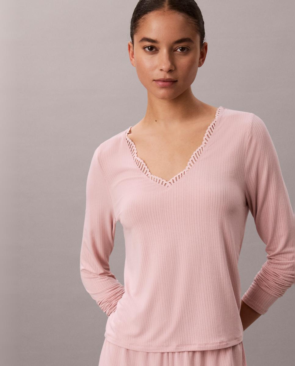 Camisola de Manga Comprida Canelada Rosa-5