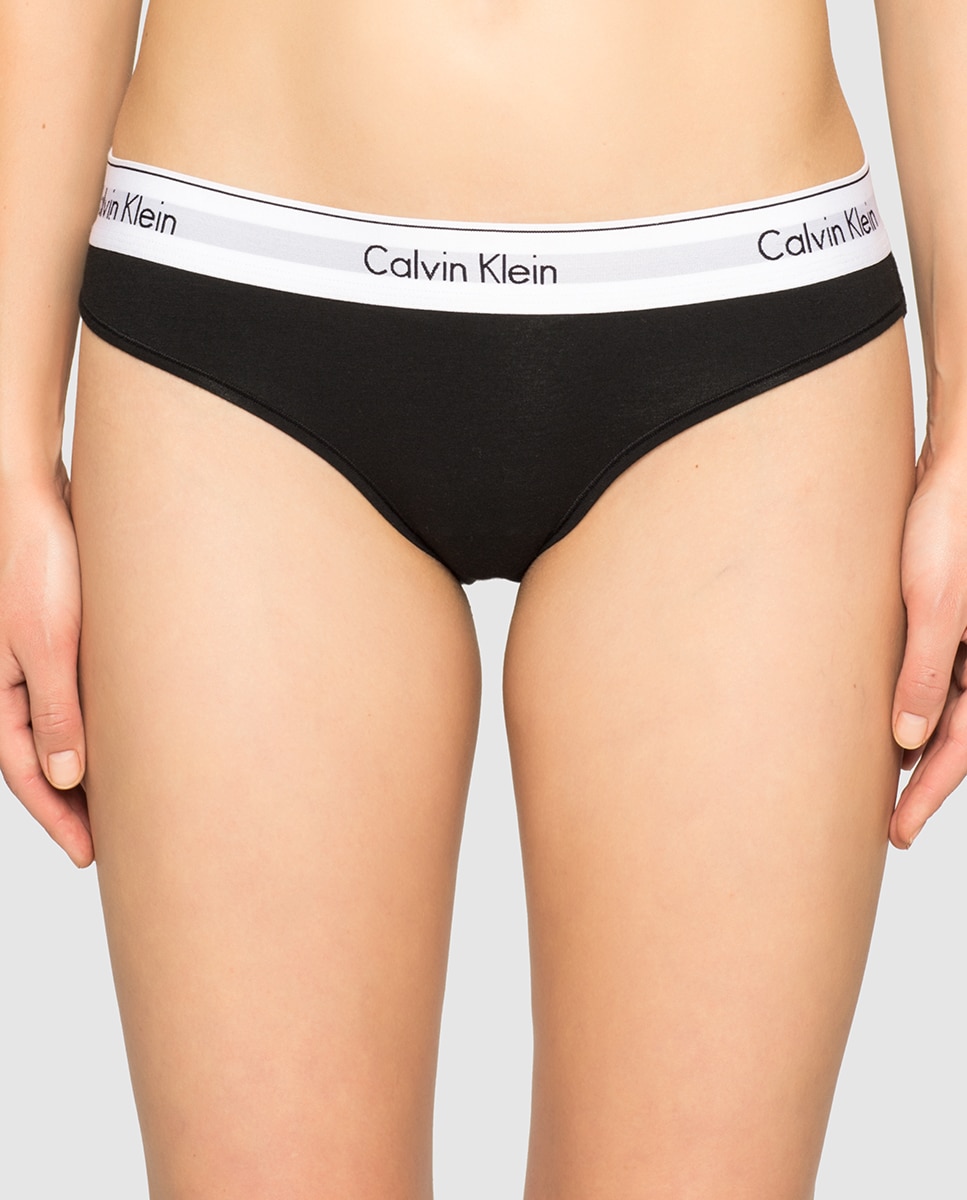 Cueca de algodão de mulher Calvin Klein de corte biquíni lisa Preto-1