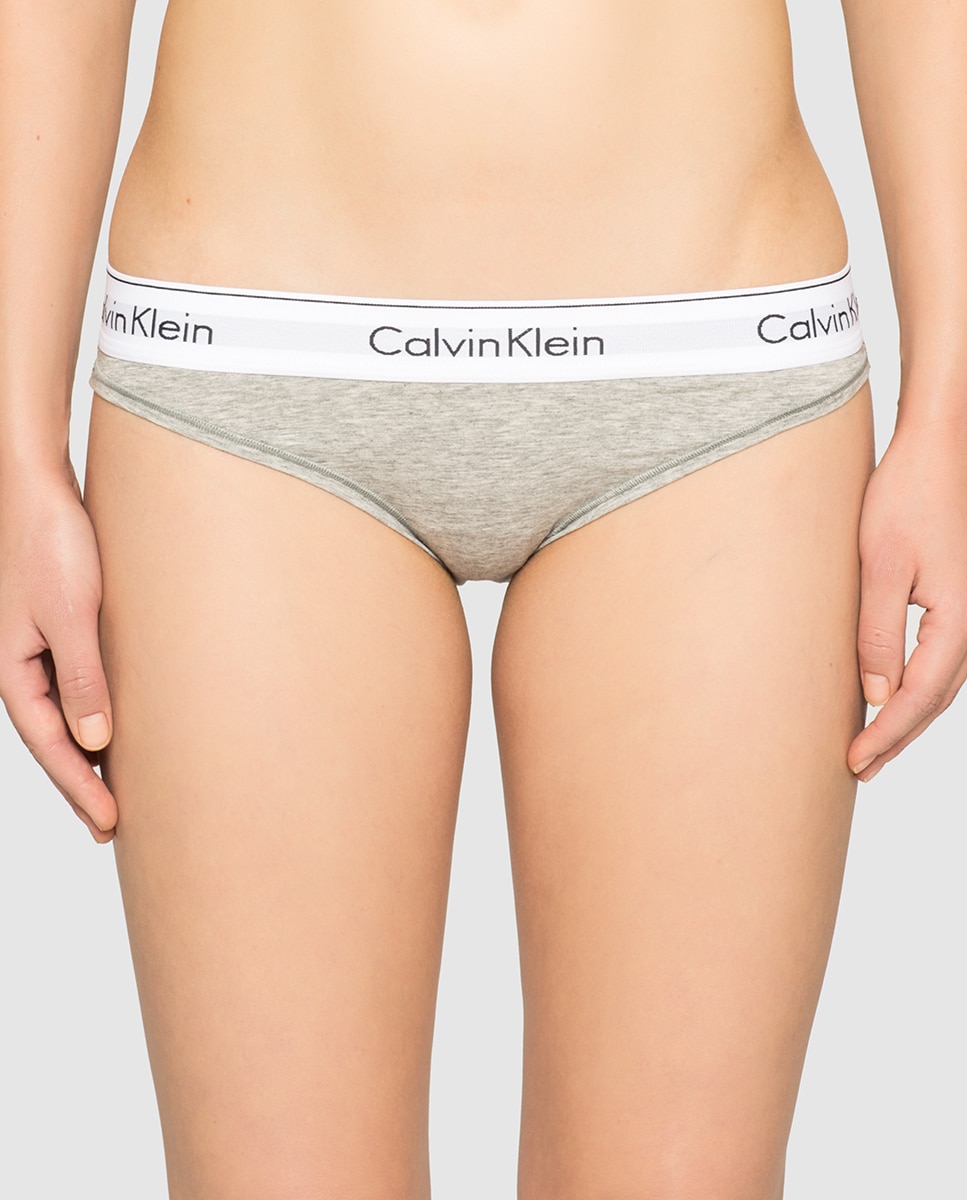 Cueca de algodão de mulher Calvin Klein de corte biquíni lisa Cinzento-1