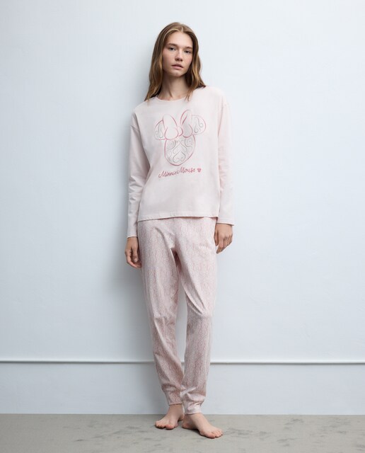 Imagem 0 de Pijama Completo às Riscas com Estampado Minnie Mouse, Manga Comprida e Calças