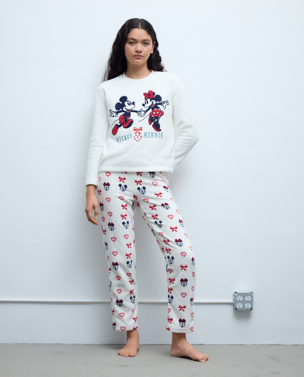 Pijama Completo com Estampado Mickey e Minnie Branco-marfim-2