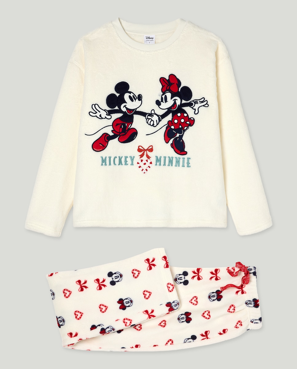 Pijama Completo com Estampado Mickey e Minnie Branco-marfim-4