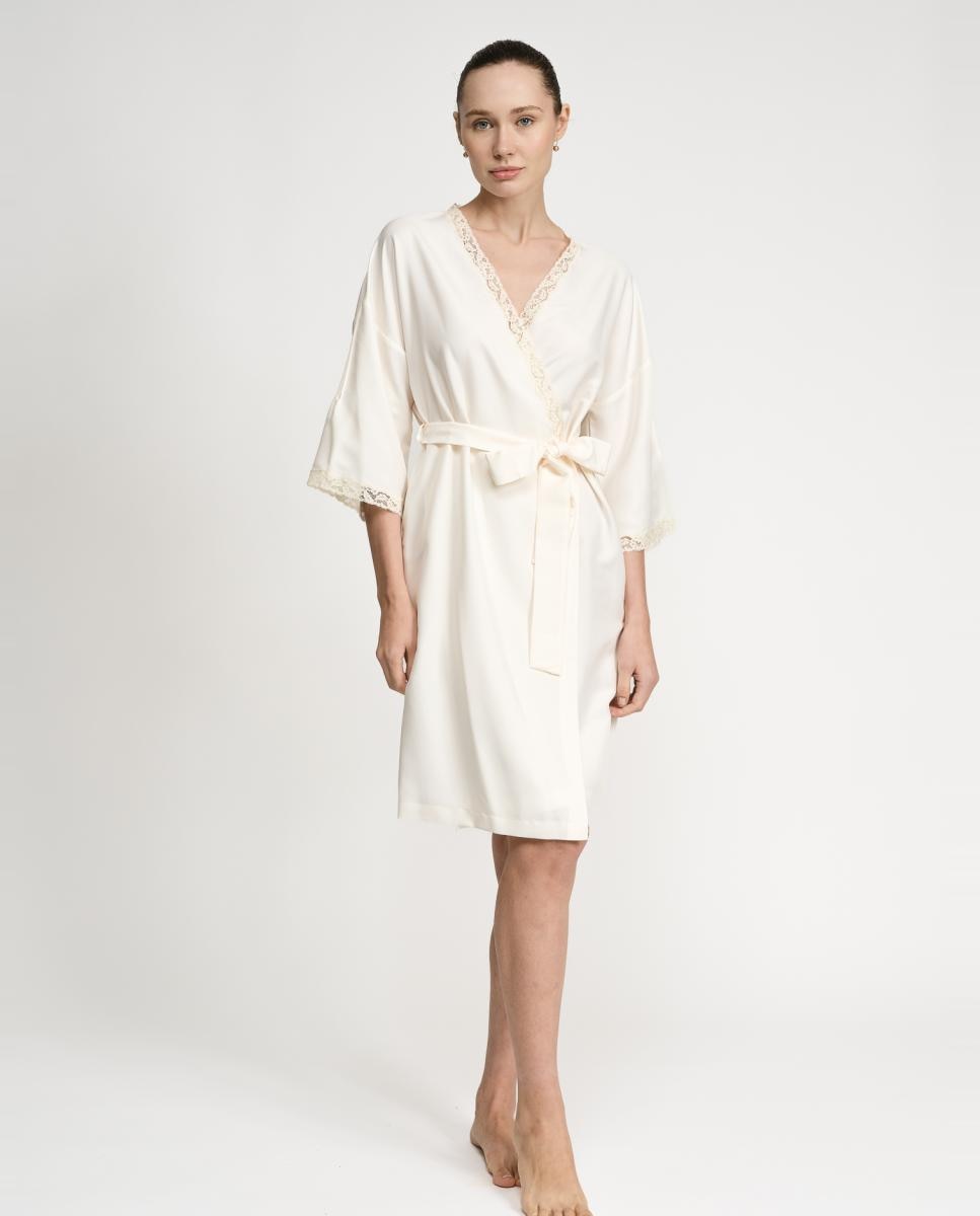 Robe de cetim com pregas e renda Natural-1