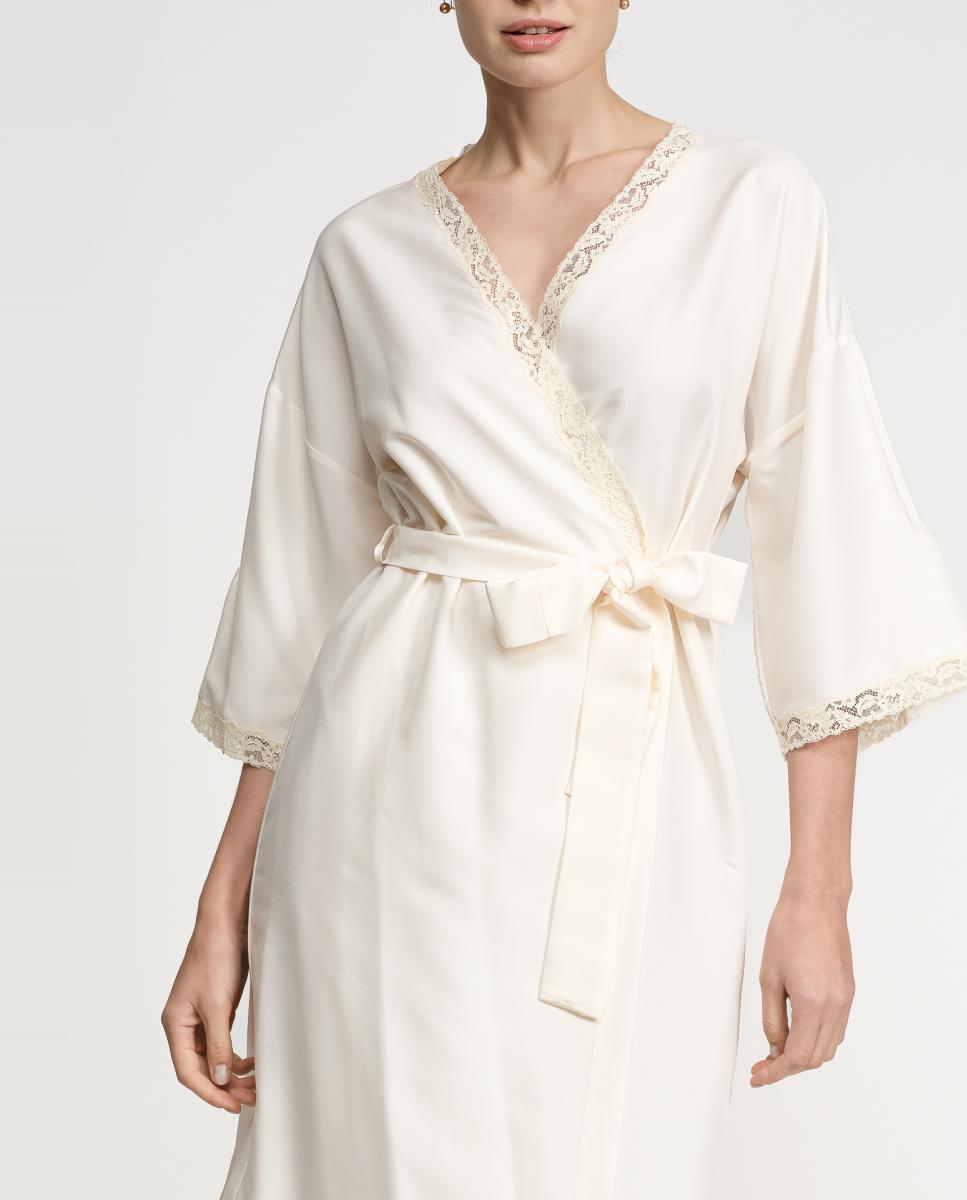 Robe de cetim com pregas e renda Natural-3