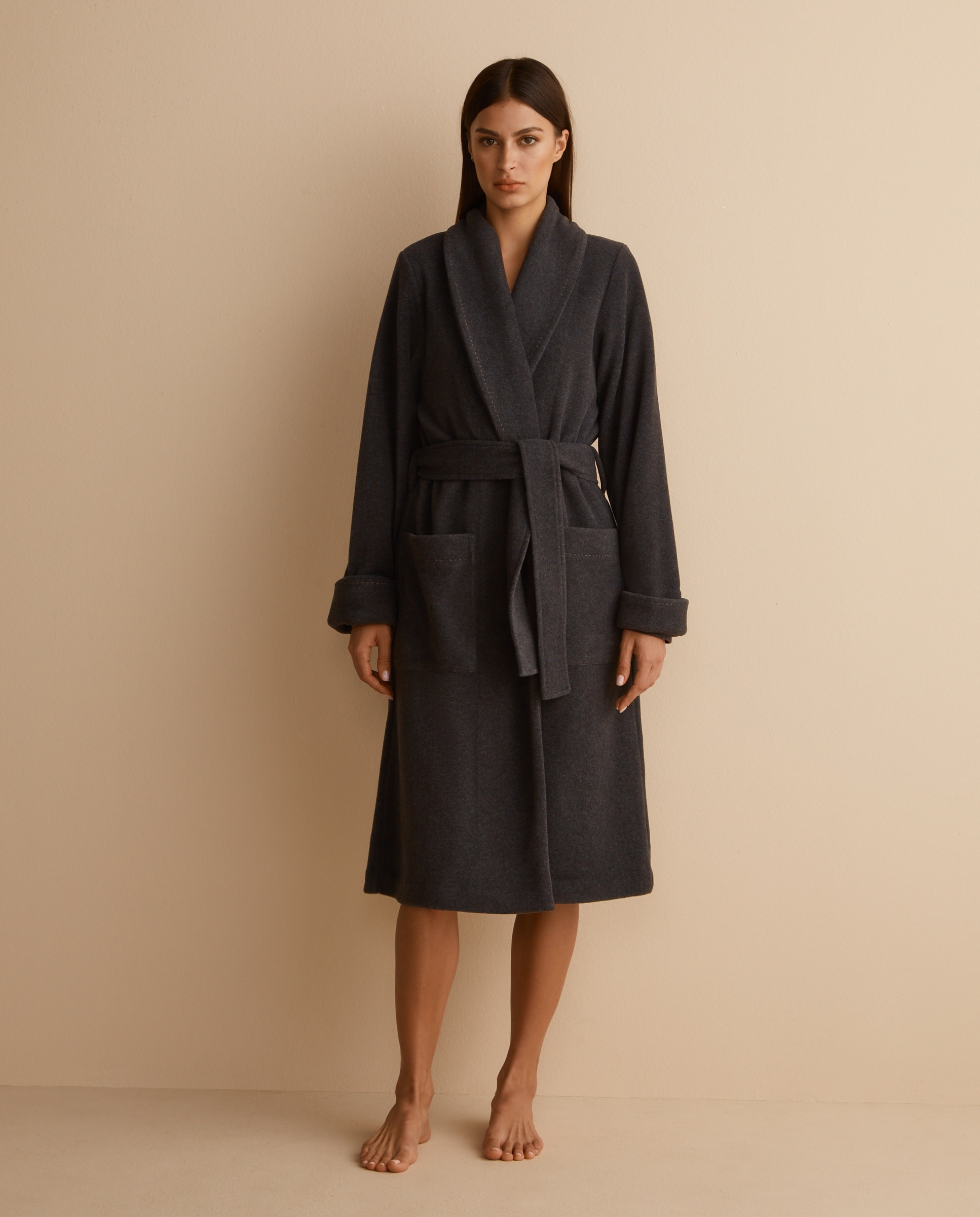 Robe de Manga Comprida Cruzada com Cinto Cinzento-1