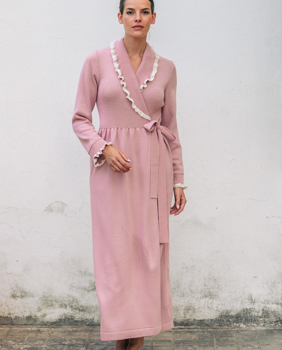Robe de Tricô com Colarinho de Smoking Rosa-3