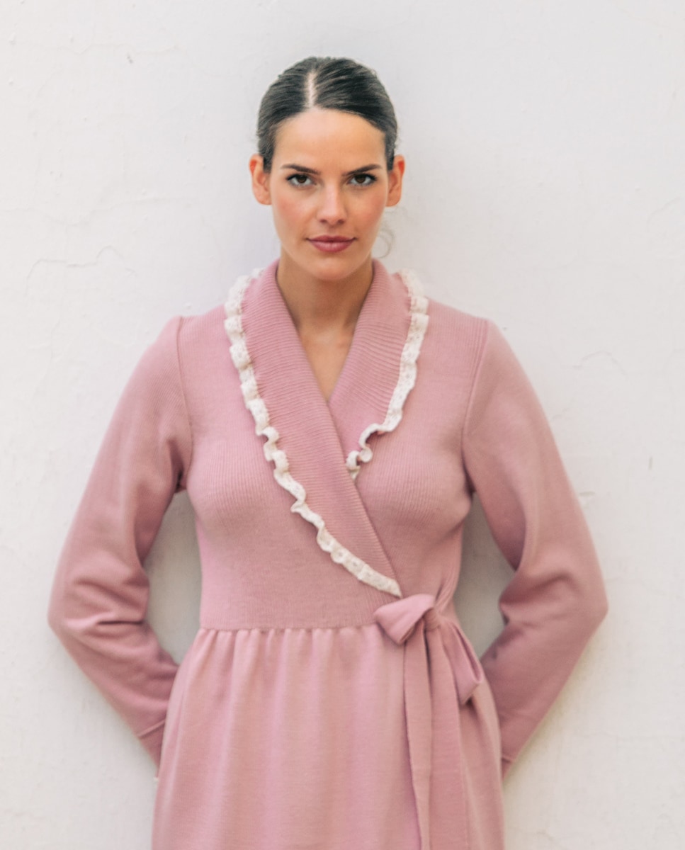 Robe de Tricô com Colarinho de Smoking Rosa-4
