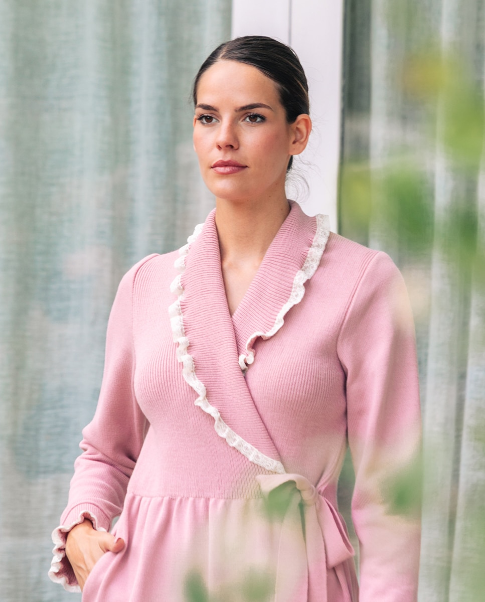 Robe de Tricô com Colarinho de Smoking Rosa-5