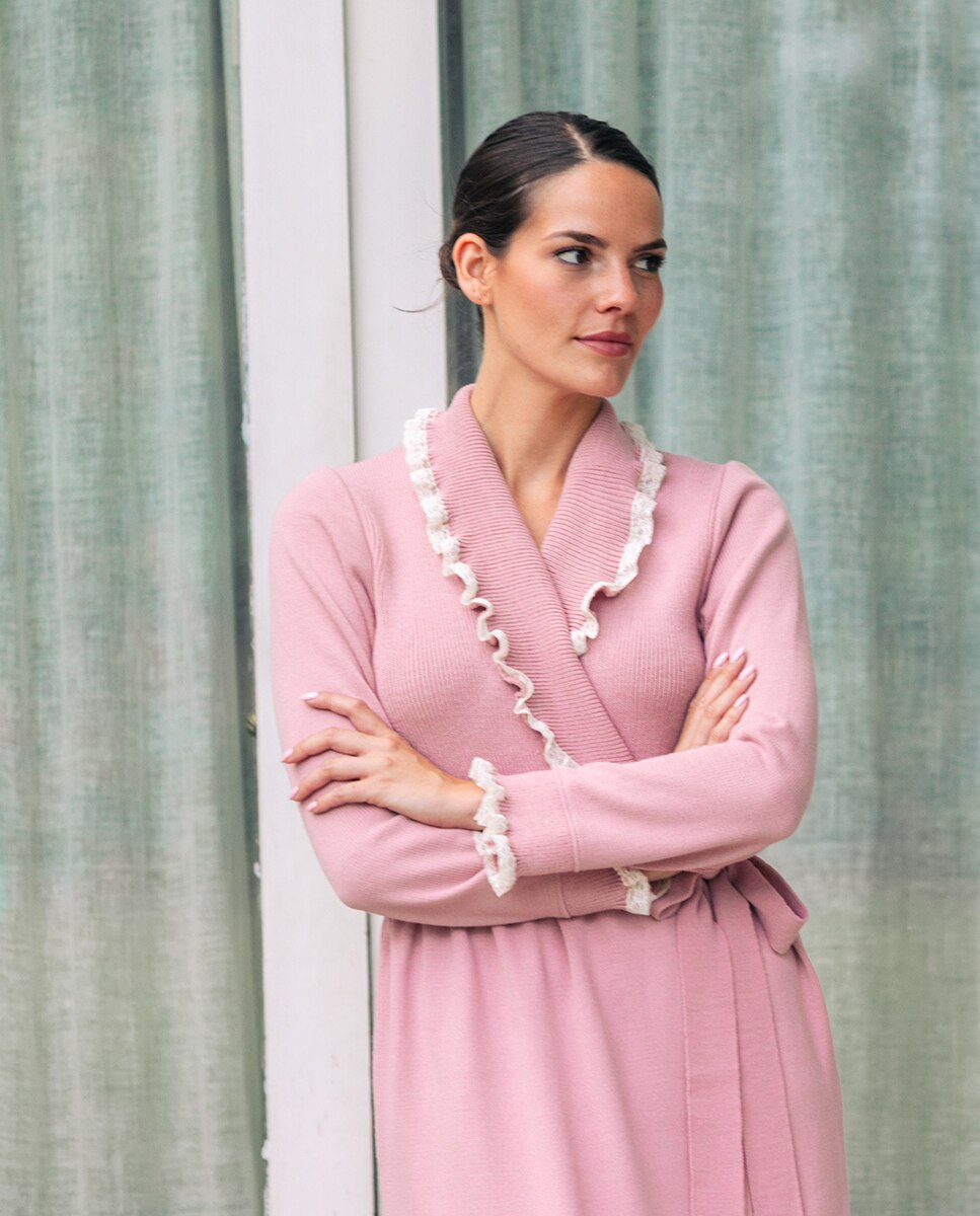 Robe de Tricô com Colarinho de Smoking Rosa-6
