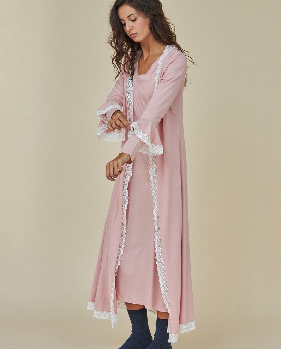 Robe com Renda nos Rebordos e Fita de Veludo no Peito Rosa-1