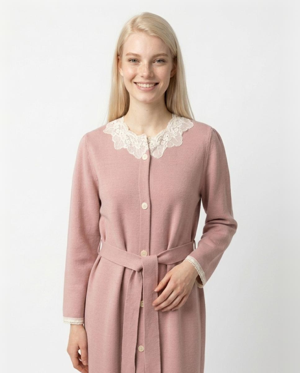 Robe com decote redondo e renda bordada Rosa-3