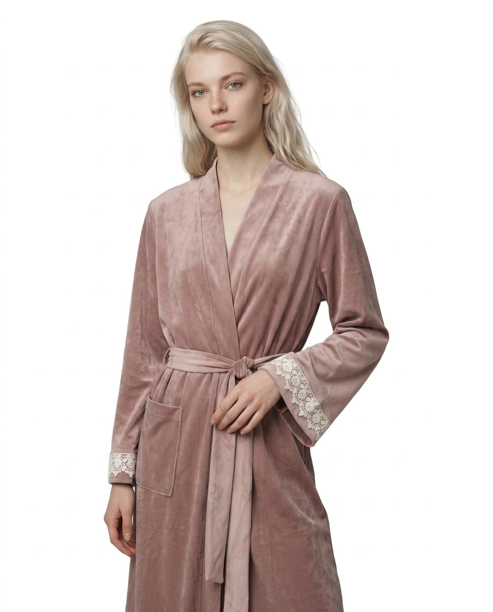 Robe de Veludo Comprido com Renda Rosa-3