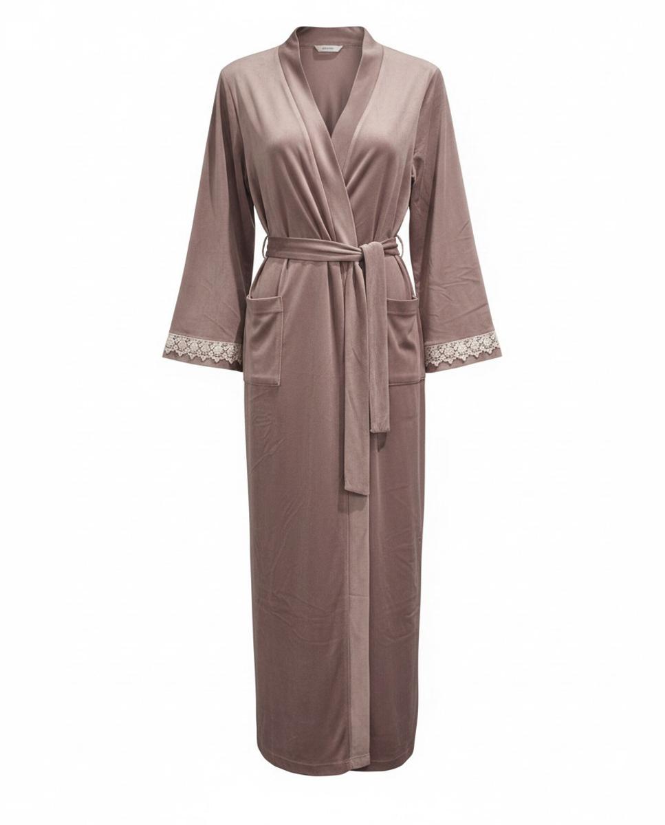 Robe de Veludo Comprido com Renda Rosa-5