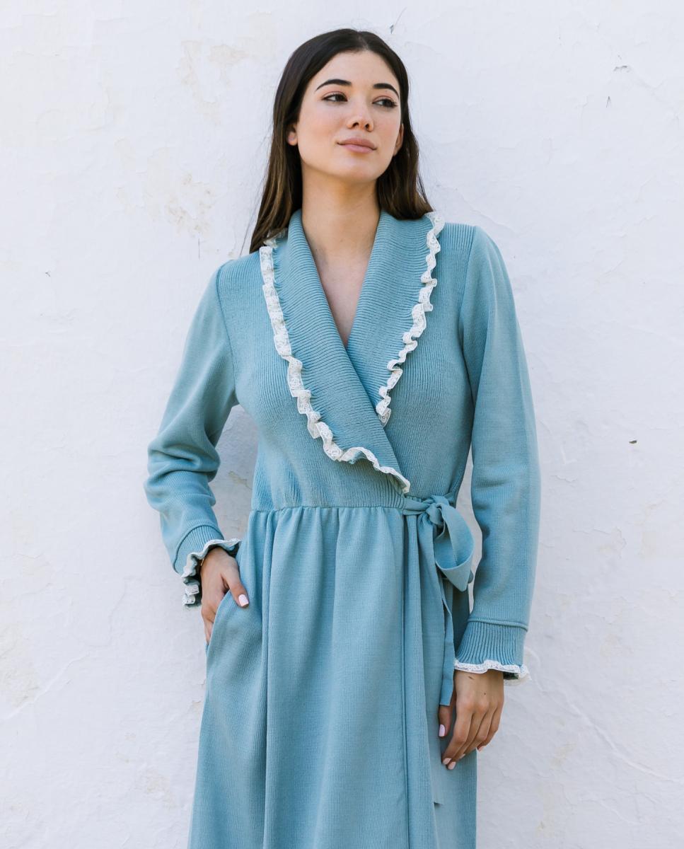 Robe de Tricô com Colarinho de Smoking Verde-claro-4
