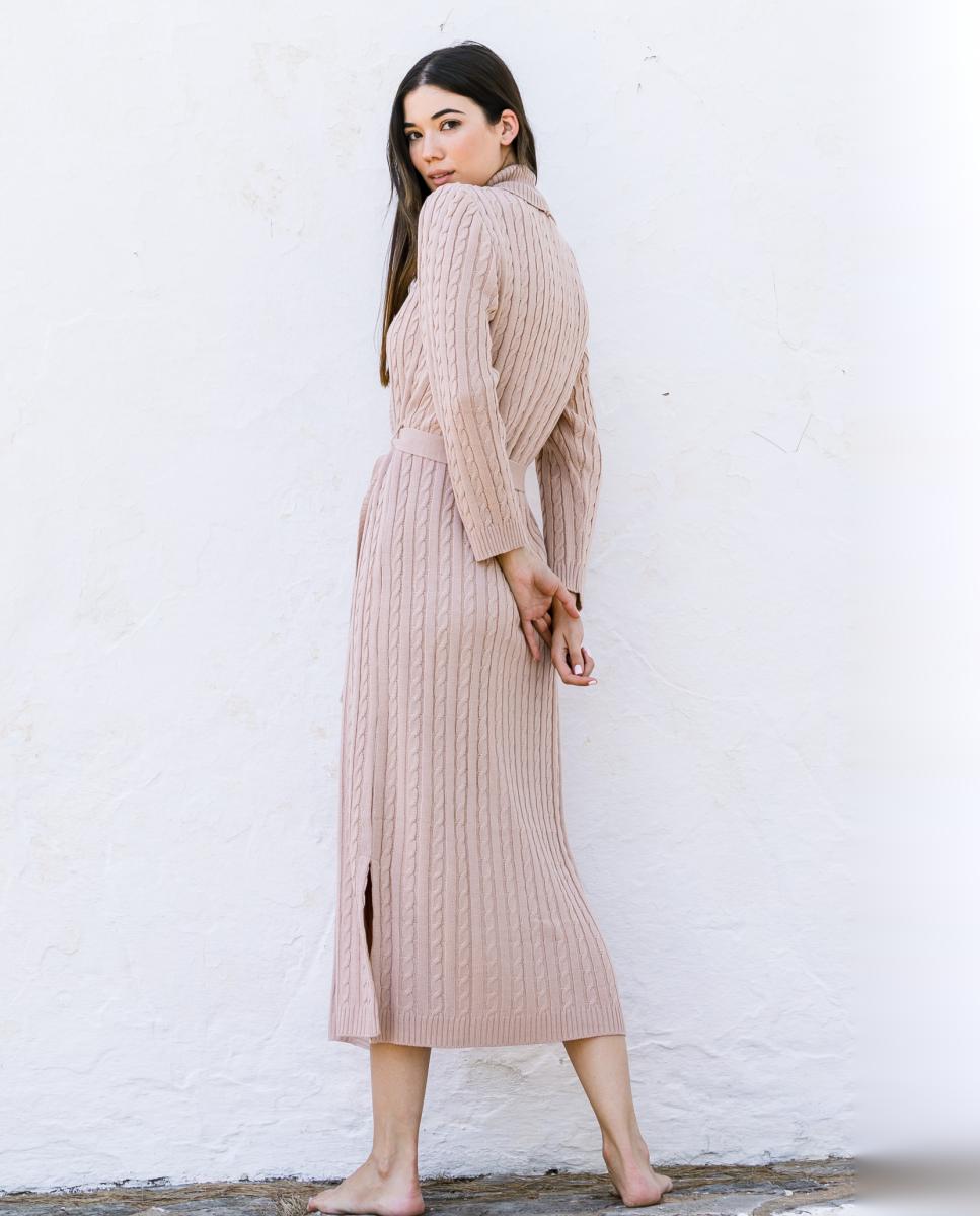 Robe com Gola Canelada, Cinto e em Tricot de Malha do Cabo Natural-2