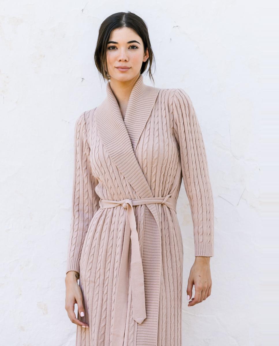 Robe com Gola Canelada, Cinto e em Tricot de Malha do Cabo Natural-3