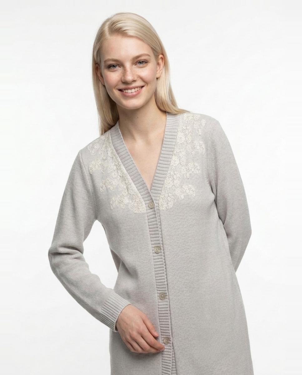 Robe de Malha Abotoado com Renda Bordada Cinzento-3