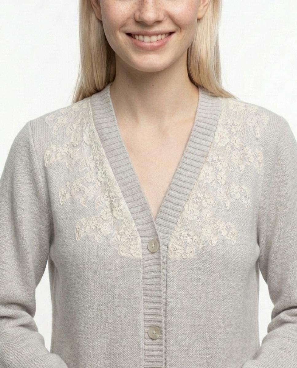 Robe de Malha Abotoado com Renda Bordada Cinzento-4