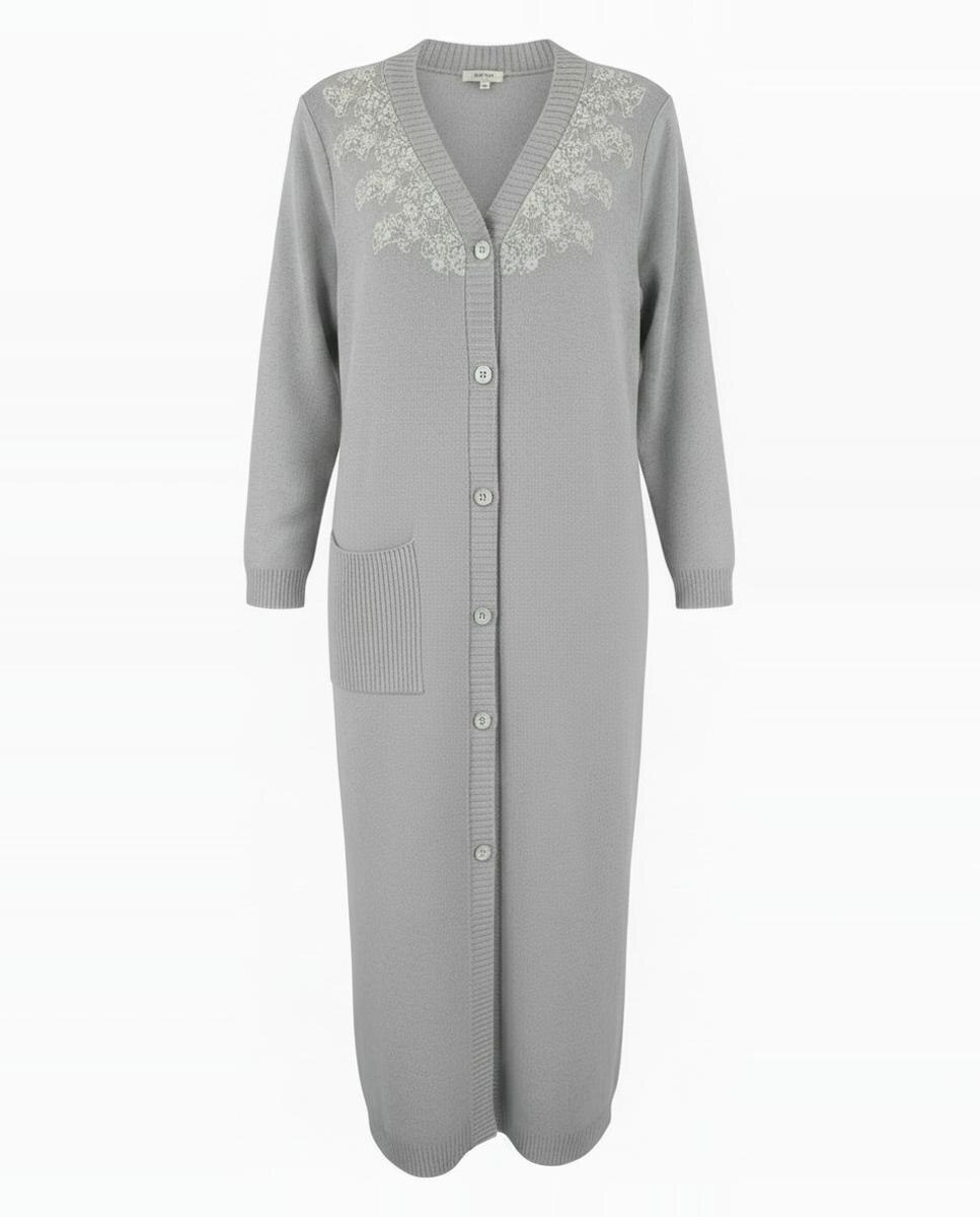 Robe de Malha Abotoado com Renda Bordada Cinzento-5