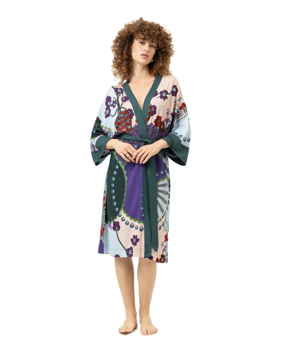 Imagen 0 de Kimono estampado con cinturón de mujer Morado