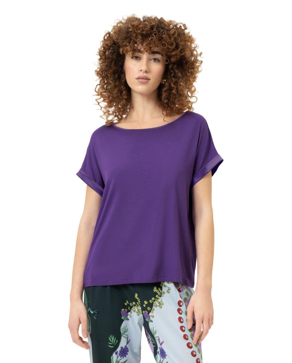 T-shirt de Pijama com Manga Curta e Decote Redondo Largo Roxo-1