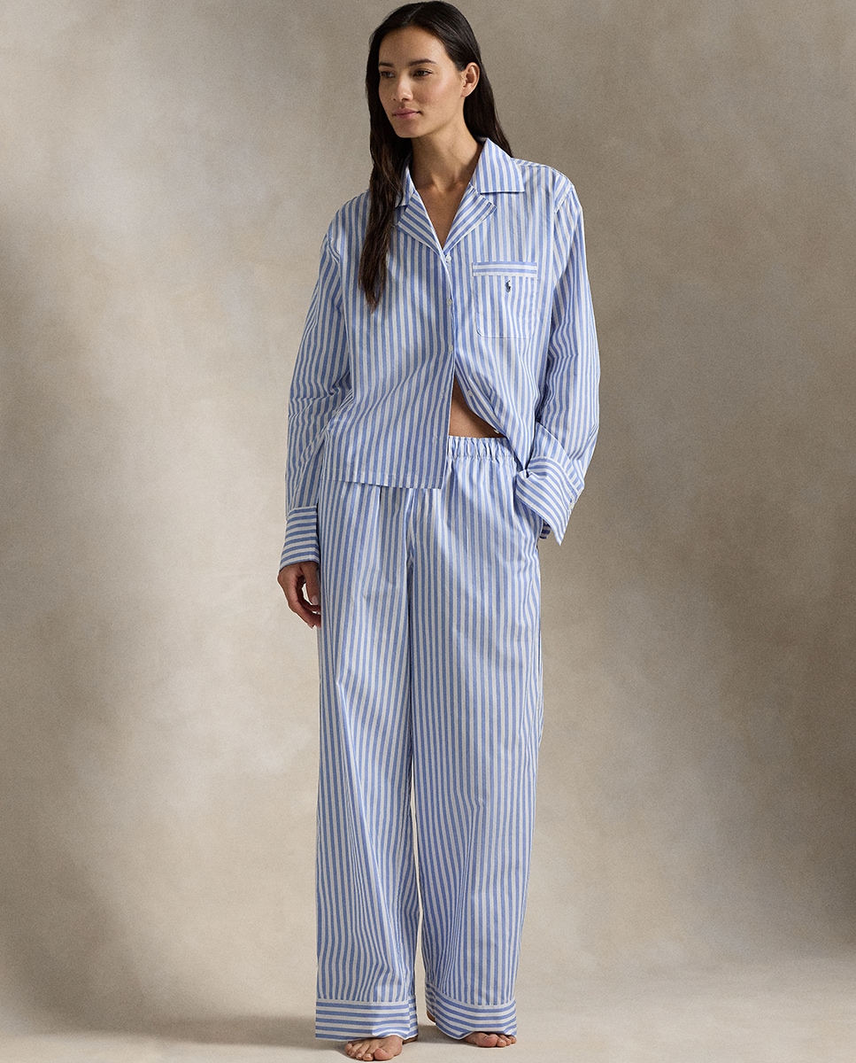 Pijama Comprido às Riscas Azul-claro-1