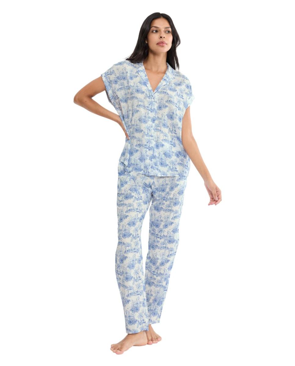 Camisa de Dormir de Manga Curta em Viscose Muito Fresca Estilo "Boyfriend" Azul-1