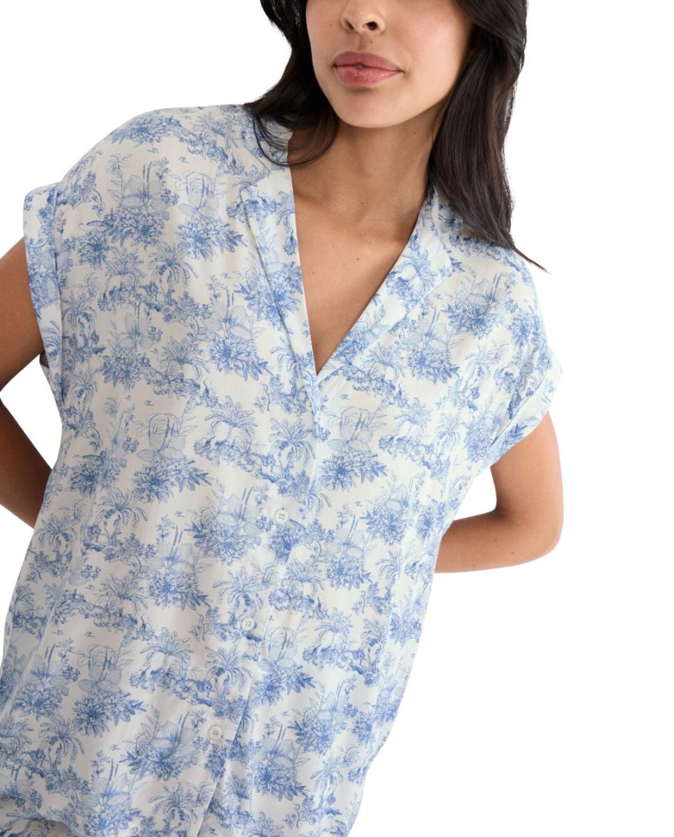 Camisa de Dormir de Manga Curta em Viscose Muito Fresca Estilo "Boyfriend" Azul-3