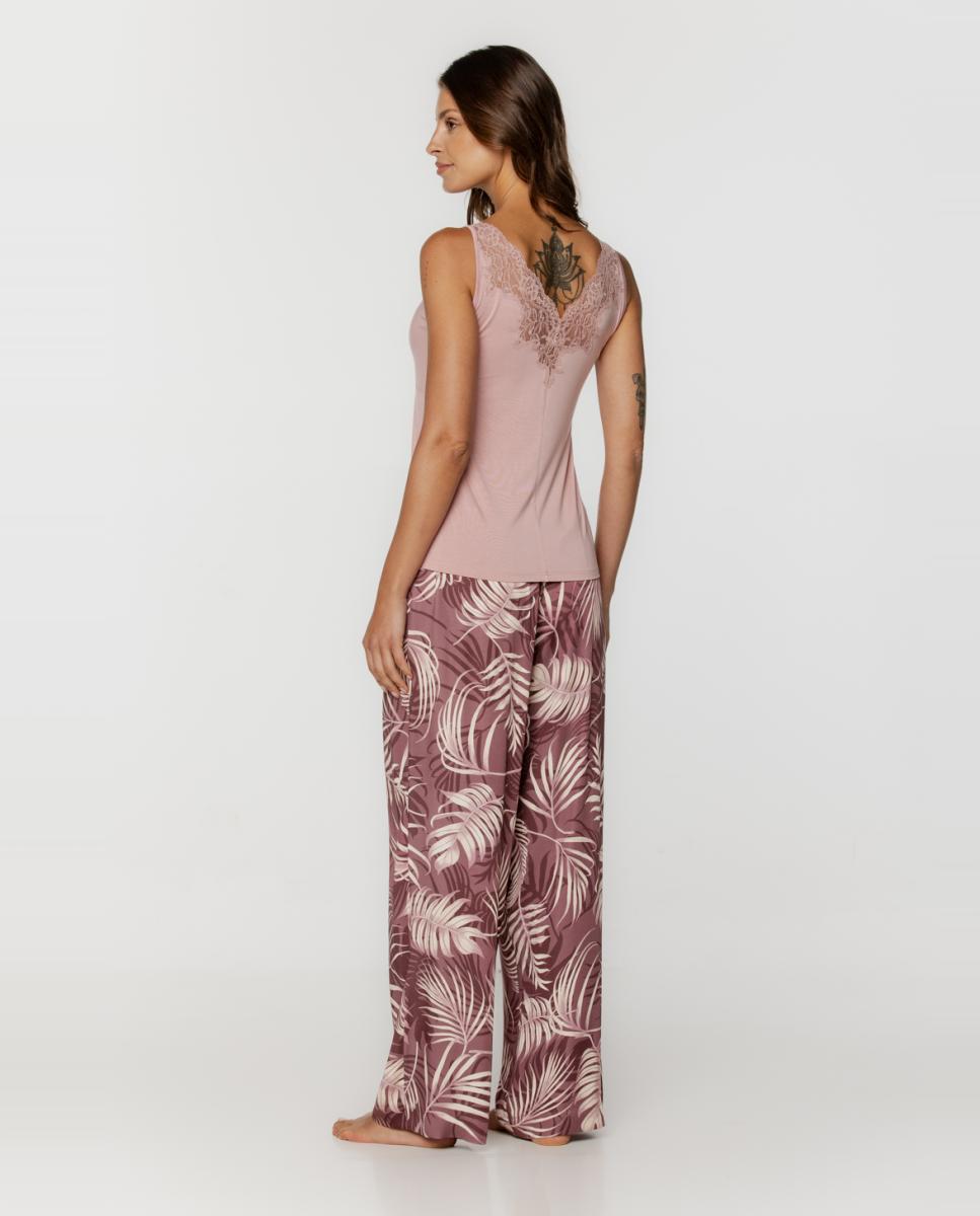 Pijama Combinado com Top de Micro Modal e Calças Acetinadas Rosa-2