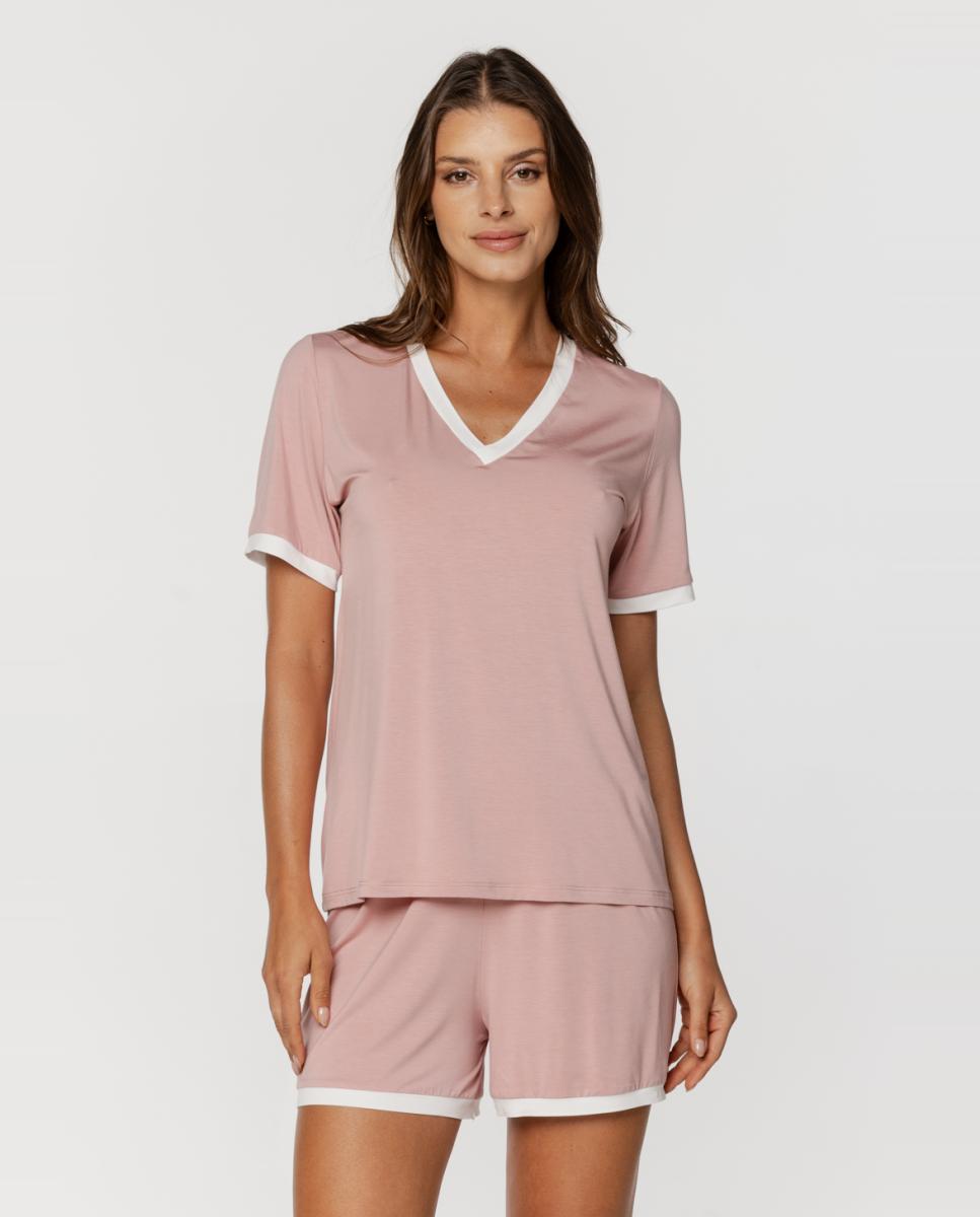 Pijama Curto de Micro Modal com Decote em Bico Rosa-2