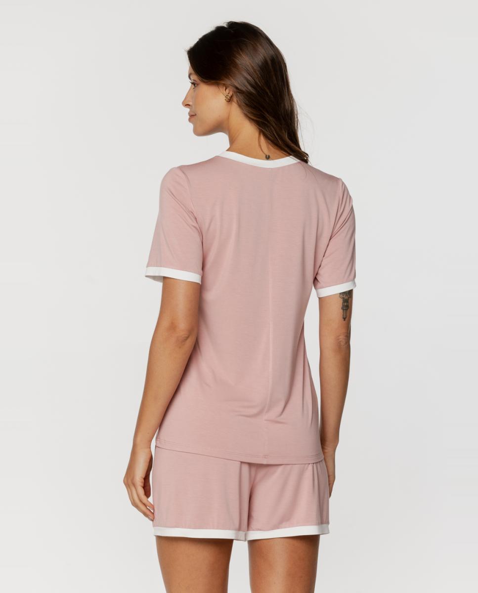 Pijama Curto de Micro Modal com Decote em Bico Rosa-3