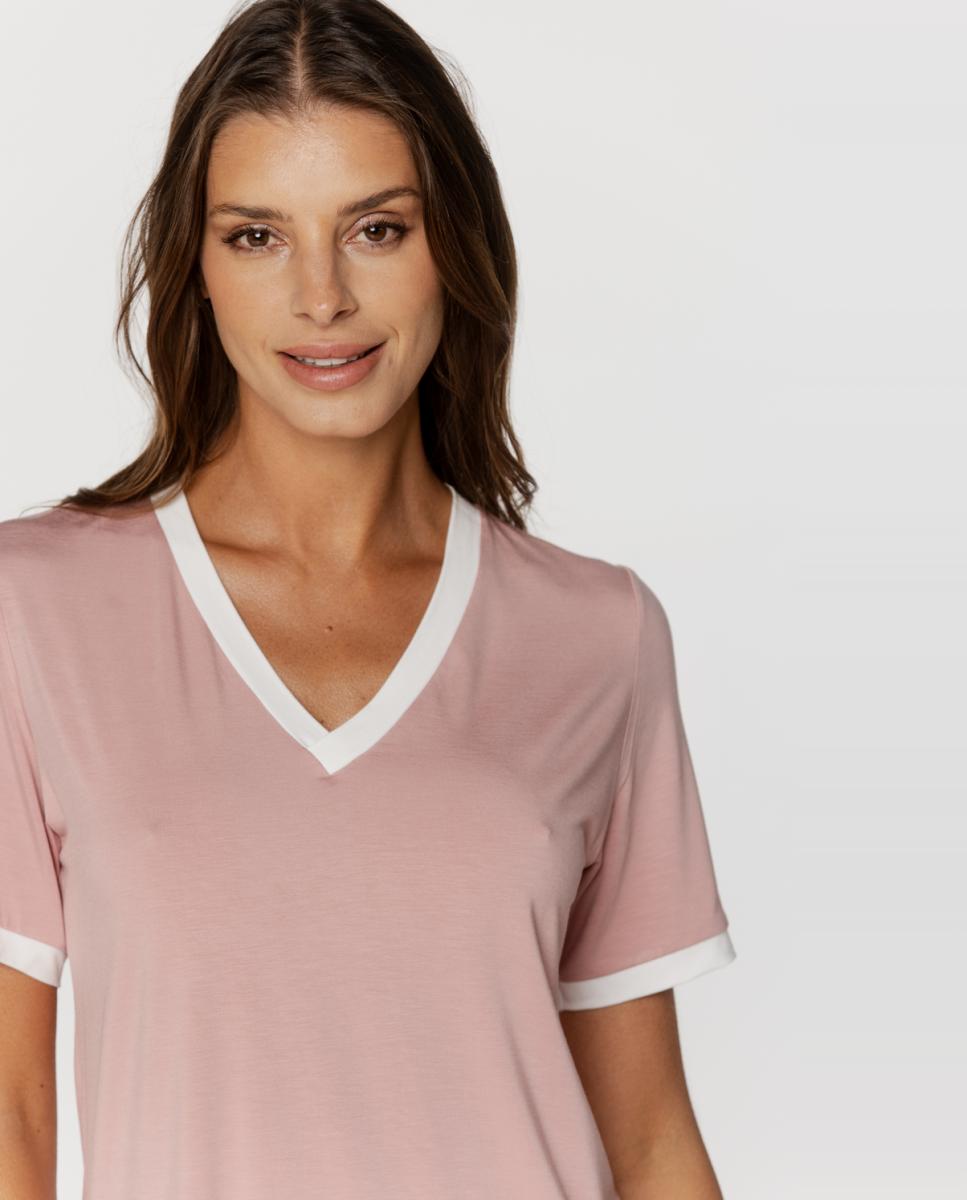 Pijama Curto de Micro Modal com Decote em Bico Rosa-4