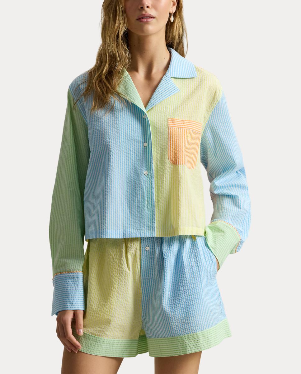 Pijama de Seersucker com Manga Comprida e Calções Azul-2