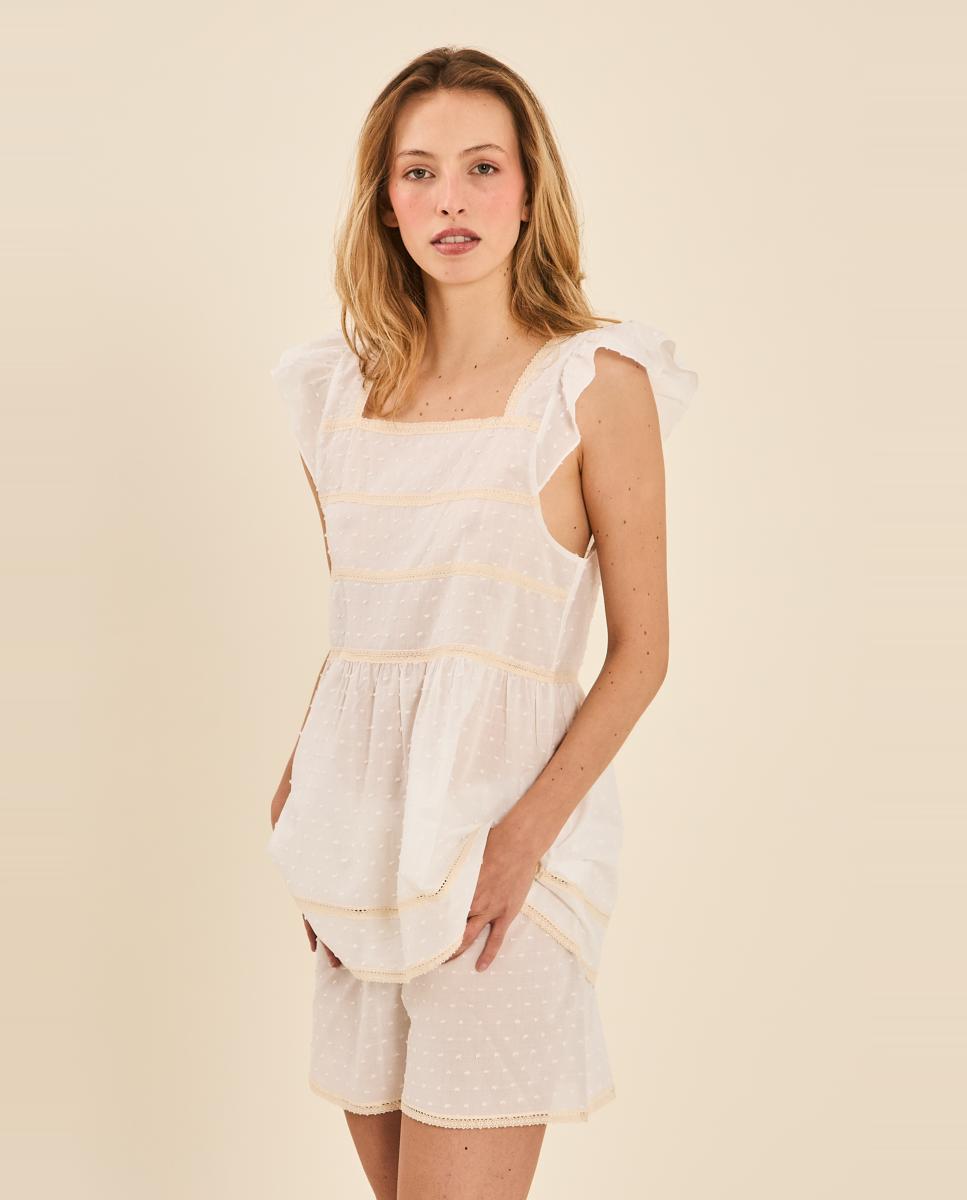 Pijama com Renda de Bilros no Peito e Decote Natural-3