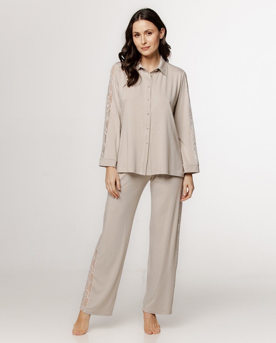 Pijama de Micro Modal com Manga Comprida Cru-1