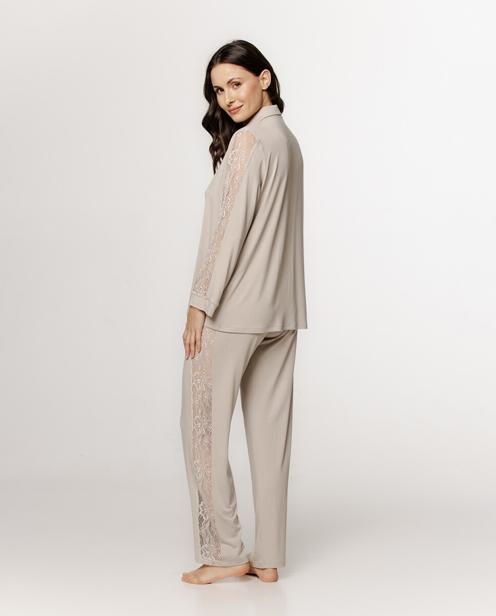 Pijama de Micro Modal com Manga Comprida Cru-3