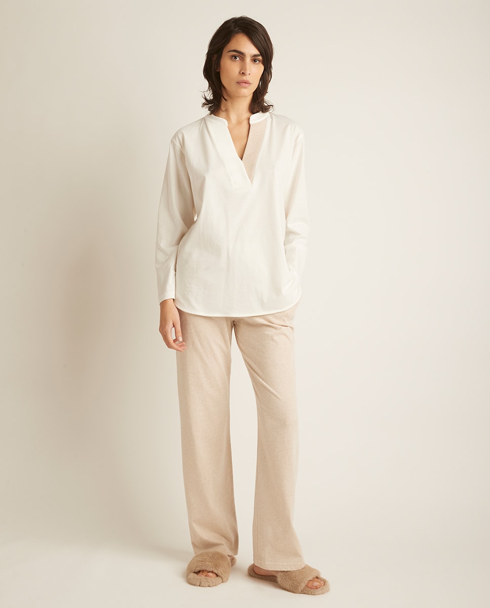 Pijama de Manga Comprida com Calças Bege-1